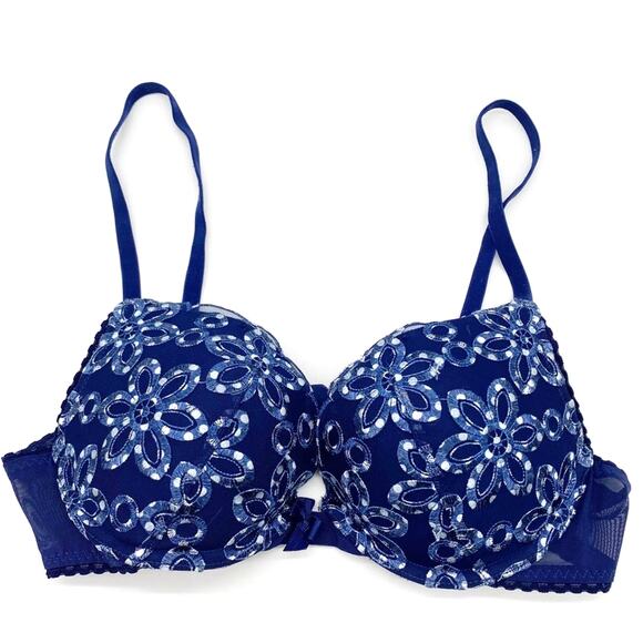 Aerie Womens 34B‎ Lined Demi Bra Floral Embroidered Navy Padded Push Up Flirty - Picture 1 of 4
